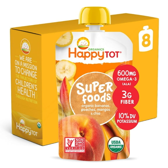 (8 Pouches) Happy Tot Super Foods Pouches Organic Bananas, Peaches & Mangos   Super Chia, 4.22 OZ