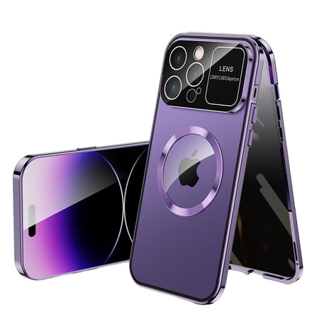 ELEHOLD Full Body Case for iPhone 14 Pro Max Magnetic Case with Anti-Peeping Privacy Protection Screen Protector Metal Frame Camera Lens Protection Shockproof Double Sided Rugged Case,purple