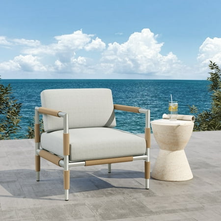 Solis Outdoor Patio Upholstered Thick Cushioned Arm Chair with Rattan Accents, Aluminum, Light Grey