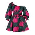 thumbnail image 1 of Womens Dresses Ladies Print Fashion Slanted Shoulder Long Sleeve Dress with Belt Short Skirt, 1 of 6
