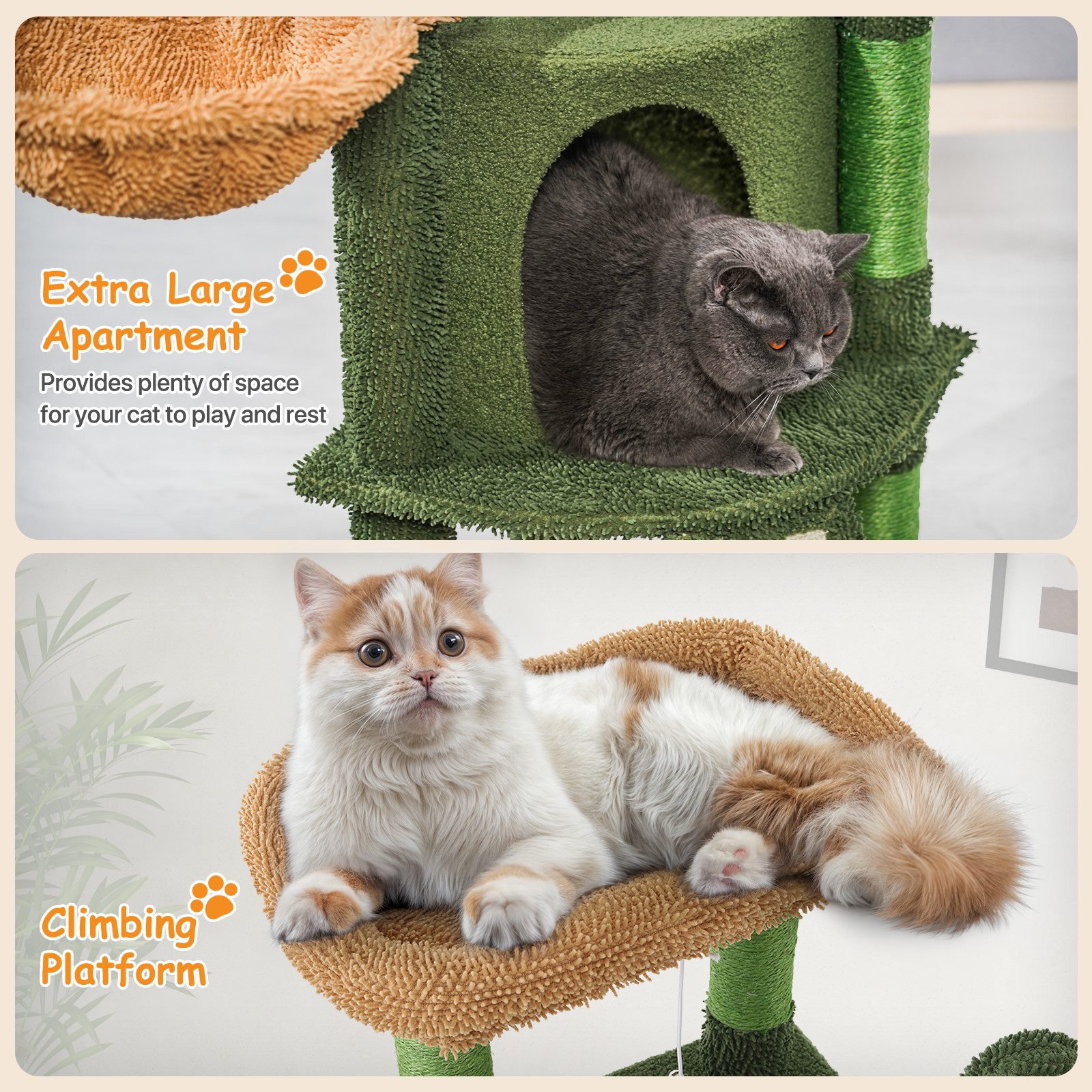 OSM 42-inch Cactus Cat Tree for Indoor Cats, Multi-Level Tower with Condo, Scratching Post, Ramp, Perch, Basket & Toys, Compact Climber for Kittens & Small Cats, Green