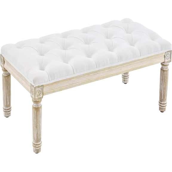 31'' Entryway Bench, Linen Upholstered End of Bed Bench, White French Vintage Tufted Brushed Wood Legs for Bedroom, Living Room
