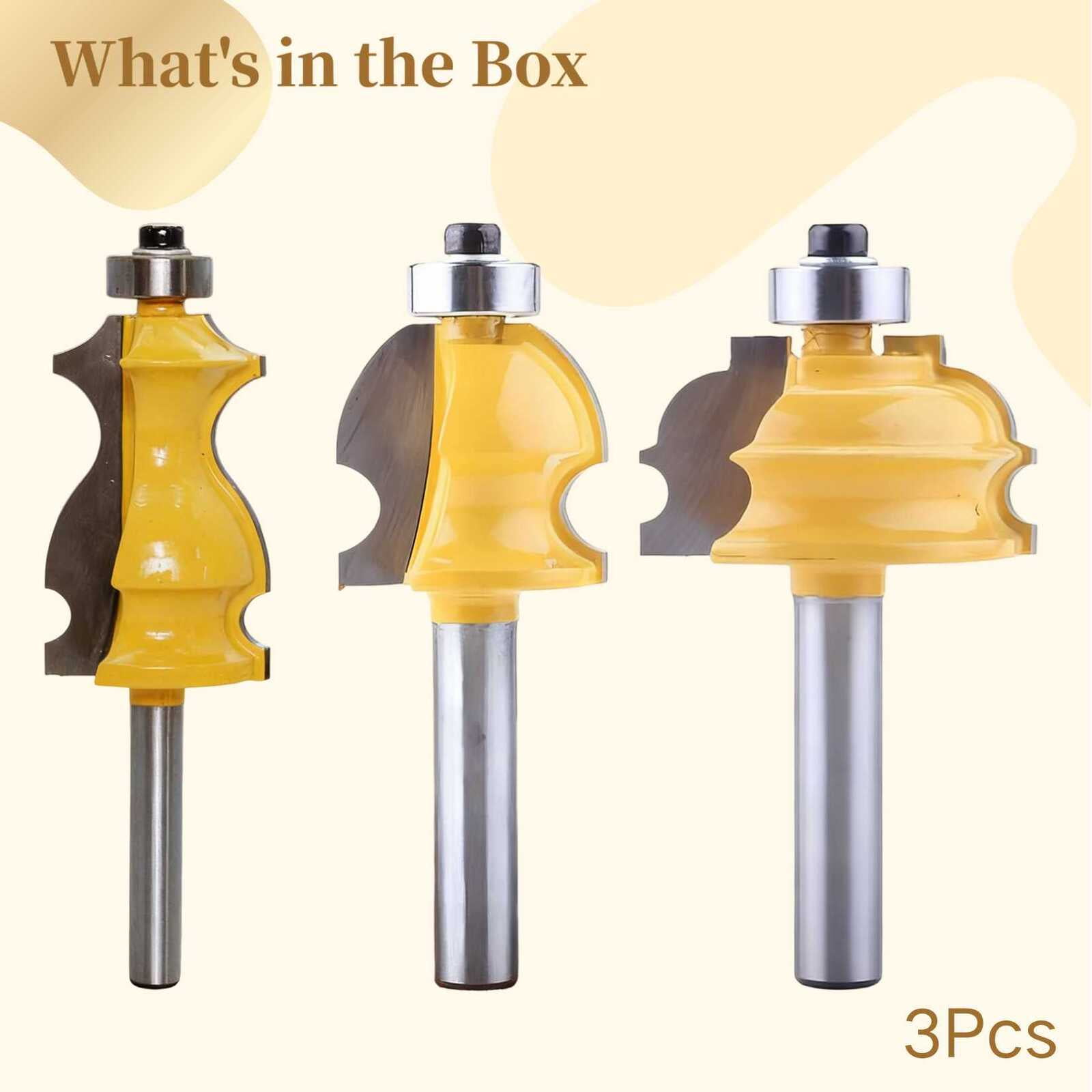 3 Pcs 1/4" Shank Router Bit Set – Hard Alloy-Tipped Steel Bits for Edge Forming & Architectural Molding, Includes Drum, Ceiling & Fish-Shaped Profiles