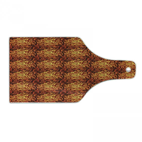 Abstract Cutting Board, Surreal Floral Pattern with Swirls Curves Foliage Design with Warm Colors, Tempered Glass Cutting and Serving Board, Wine Bottle Shape, Yellow Orange Black, by Ambesonne