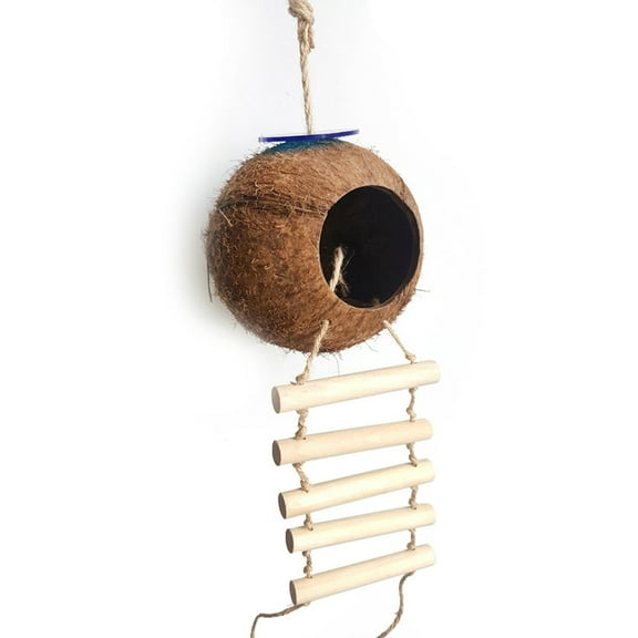 Coconut Shell Bird House Natural Wood for Parakeets Small Pets with Ladder 4.7 x 4.7 x 8.7 inches