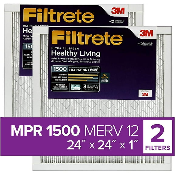 Filtrete Healthy Living Ultra Allergen Furnace Filters, MPR 1500, 2-Pack, 24x24x1