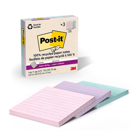 Post-it Recycled Super Sticky Notes - Wanderlust Pastels Collection, 4" x 4", Pkg of 3, Lined