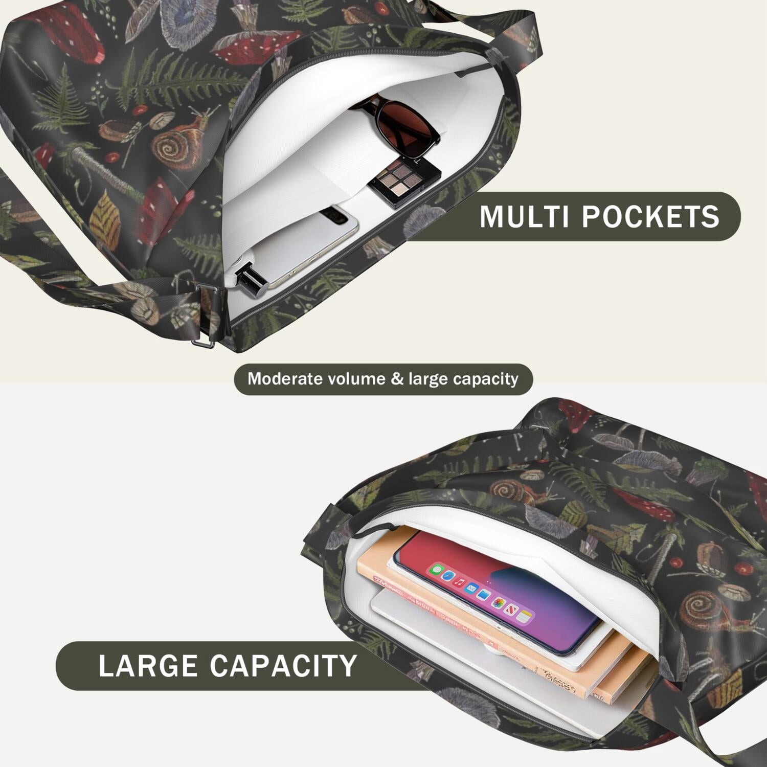 Vintage Mushroom Large Capacity Handbag - Minimalist Travel Bag with Adjustable Strap for Daily Carry