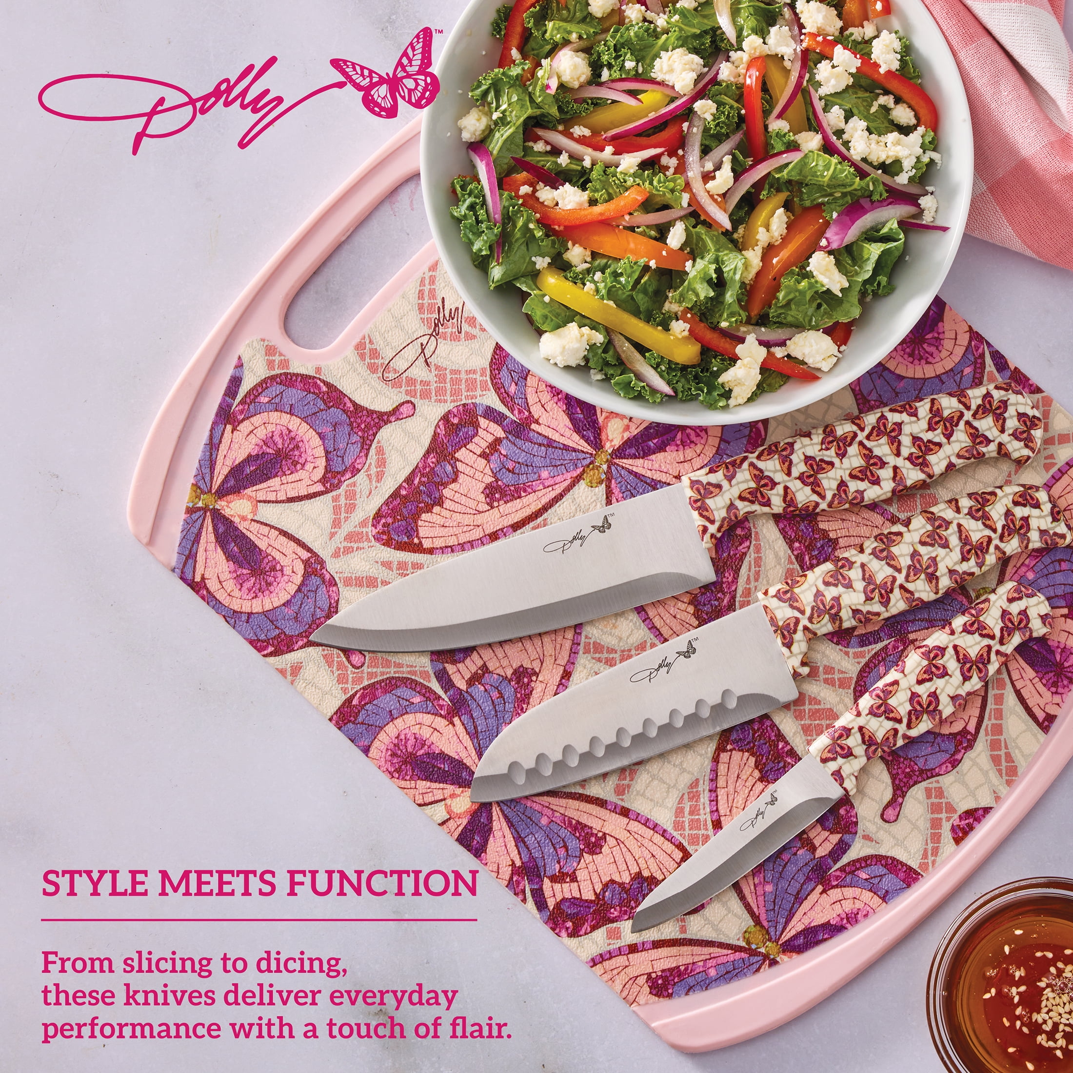 Dolly Parton 3-Piece Chef Knife Set with Butterfly Pattern Handles for Kitchen Prep