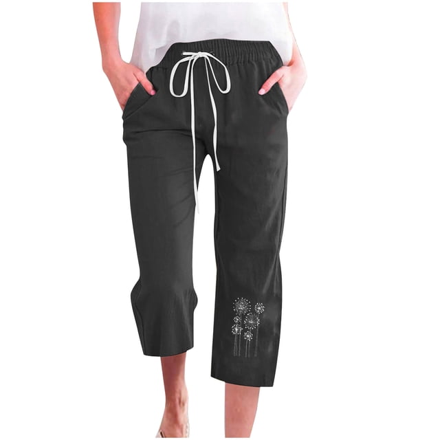 lcziwo Women's Plus Size High Waist Drawstring Linen Capris, Black