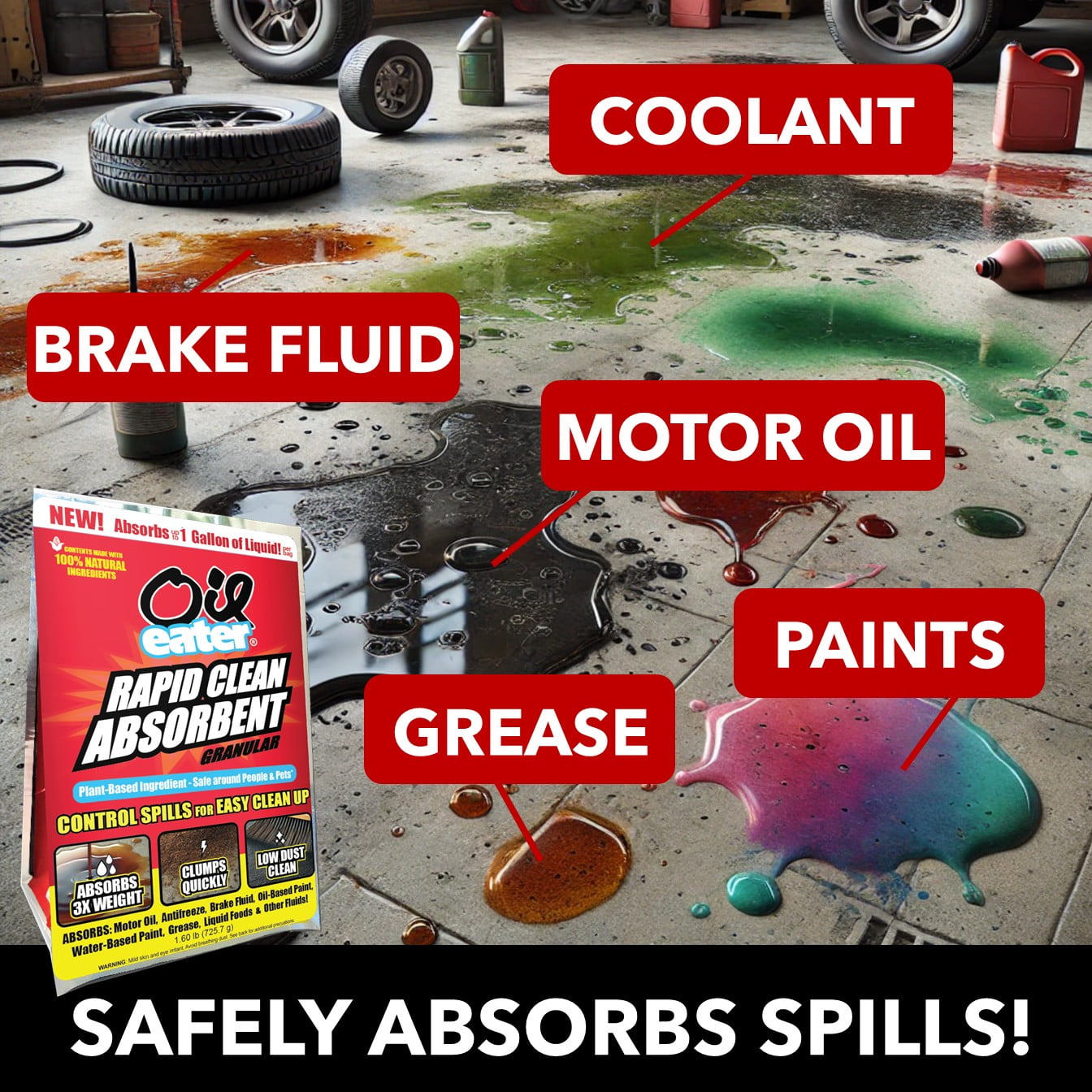 Oil Eater Rapid Clean Absorbent for Spills, 1.6lb Absorbs 1 Gallon Oil & Water