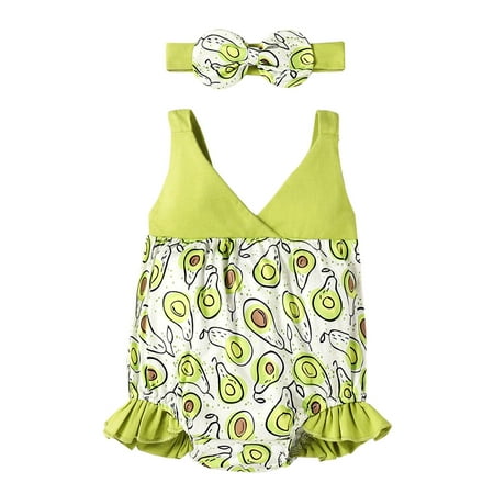 

Girls Romper Sleeveless Cartoon Print Romper Bodysuits Headbands Set Baby Clothes