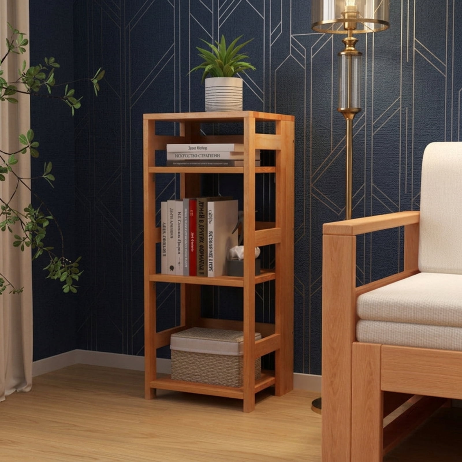 Furnibear 4-Tier Bookshelf Rubber Wood Bookcase with Side Fences for Living Room-14 inches for Living Room Home Office Bedroom Display, Natural