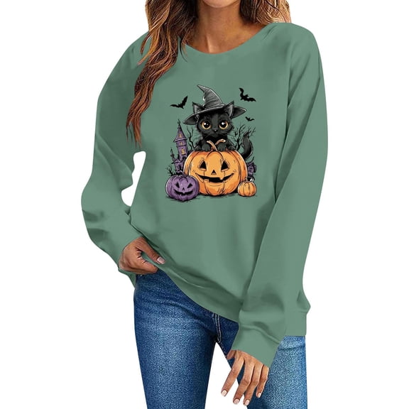 Gamivast Halloween Graphic Pullover Sweatshirts for Women Cute Cat In Pumpkin Print Long Sleeve Fall Tops Lightweight Comfortable Crewneck Casual Novelty Jumper Shirt Green M
