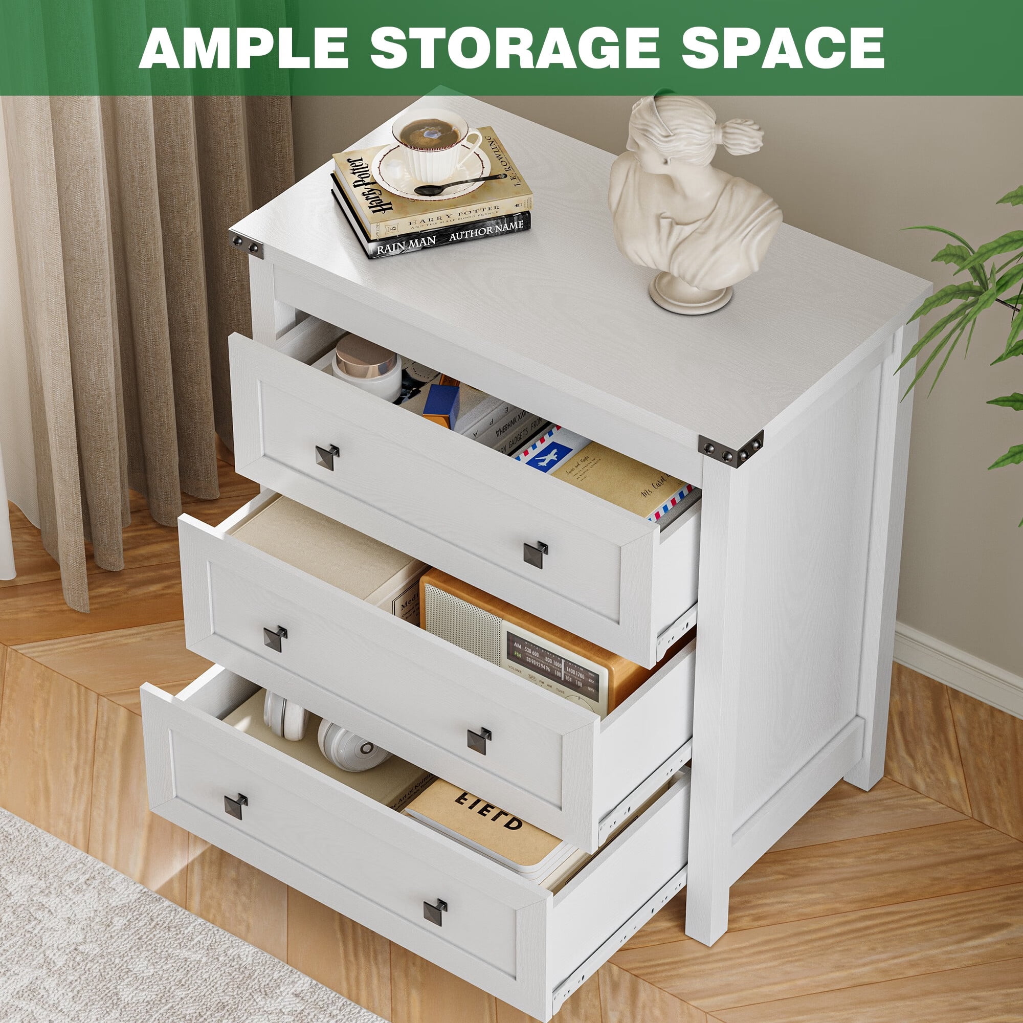 FANRAL 3 Large Drawer Nightstand,29.5" Tall Night Stand,27.5" Wide Side Table,Wood Bedside Table Modern End Table,Small Wide Dresser for Bedroom,White Nightstand
