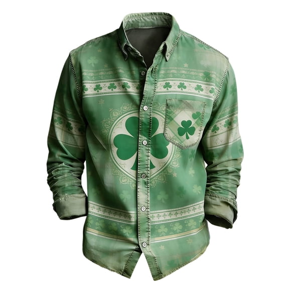 CONZONE St. Patrick's Day Mens Buttons Down Shirts Long Sleeve Shirts for Men Trendy Green Clover Graphic Lapel Soft Lightweight Tops