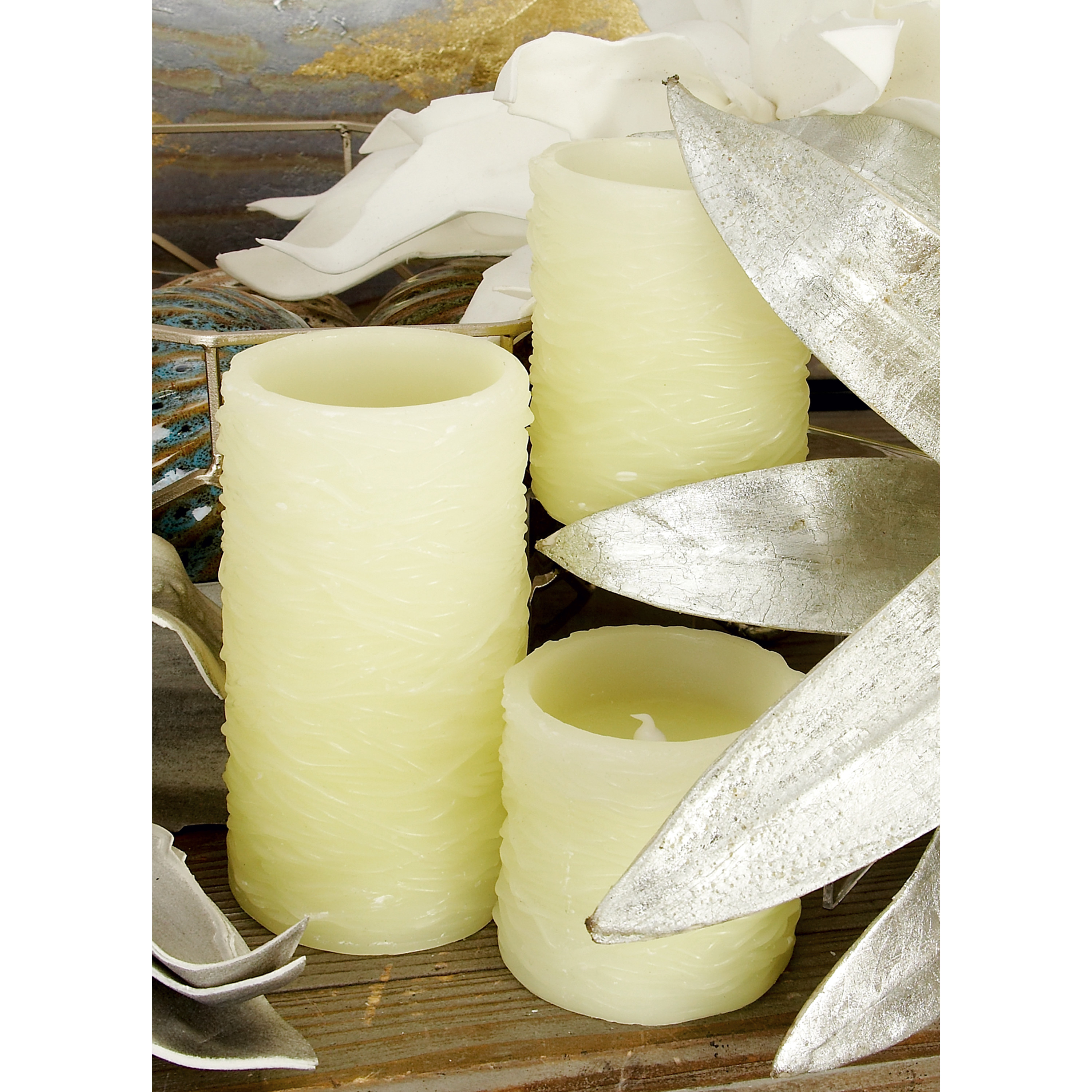 DecMode Cream Wax Textured Indoor Outdoor Flameless Candle with Remote Control, Set of 3 6", 4", 3"H