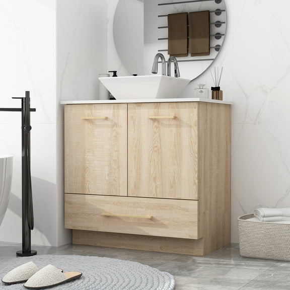 MONSLIPA 30 inch Bathroom Vanity with Sink, 2 Door Vanity Cabinet Sink Combo with Drawer, Oak