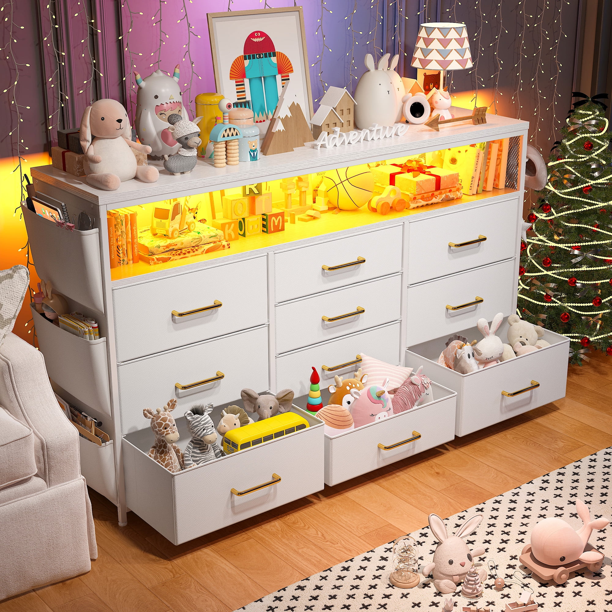 EnHomee White Dresser TV Stand with Power Outlets &LED Lights&Entertainment Center Wide Dresser for Bedroom with 10 Drawers Side Pockets & Hook Fabric Chest of Drawers