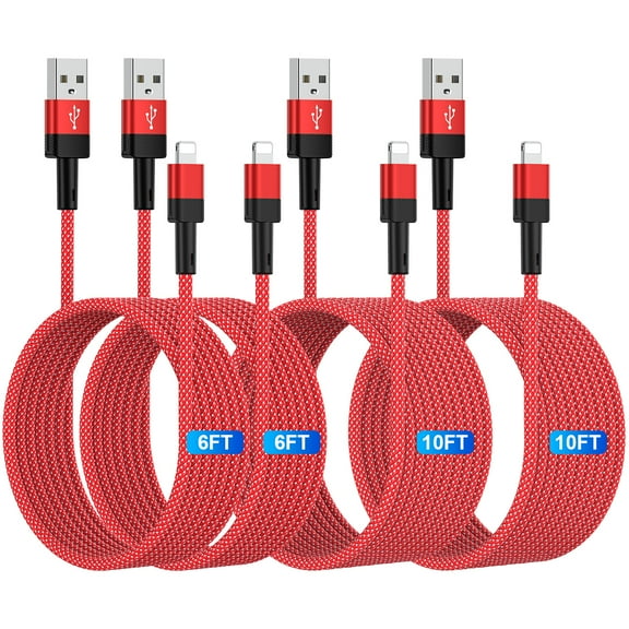 iPhone Charger Cable 6FT 10FT,Zacenei 4Pack USB A to Light-ning Charging Cable 6FT 10FT Charging Cords Power Cords Nylon 3A High Speed Fast Charging Wire USB Cable Compatible for iPhone 14 13 12,Red