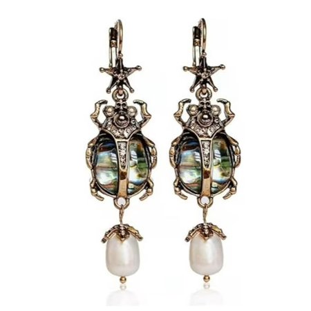 Beetle Bug Scarab Vintage Jewelry Drop Dangle Earrings for Women with Unique Beetle Design and Abalone Shell Pendant Gift Egyptian Statement Pieces 2.70 Inches Length