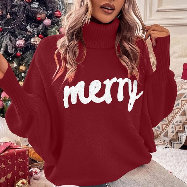 Pounoo Chandails à Col Roulé pour Femmes Manches Longues Col Roulé Imprimé Lettre Joyeuse Hauts Rassemblements de Vacances Vêtements d'Hiver Hauts Cadeau