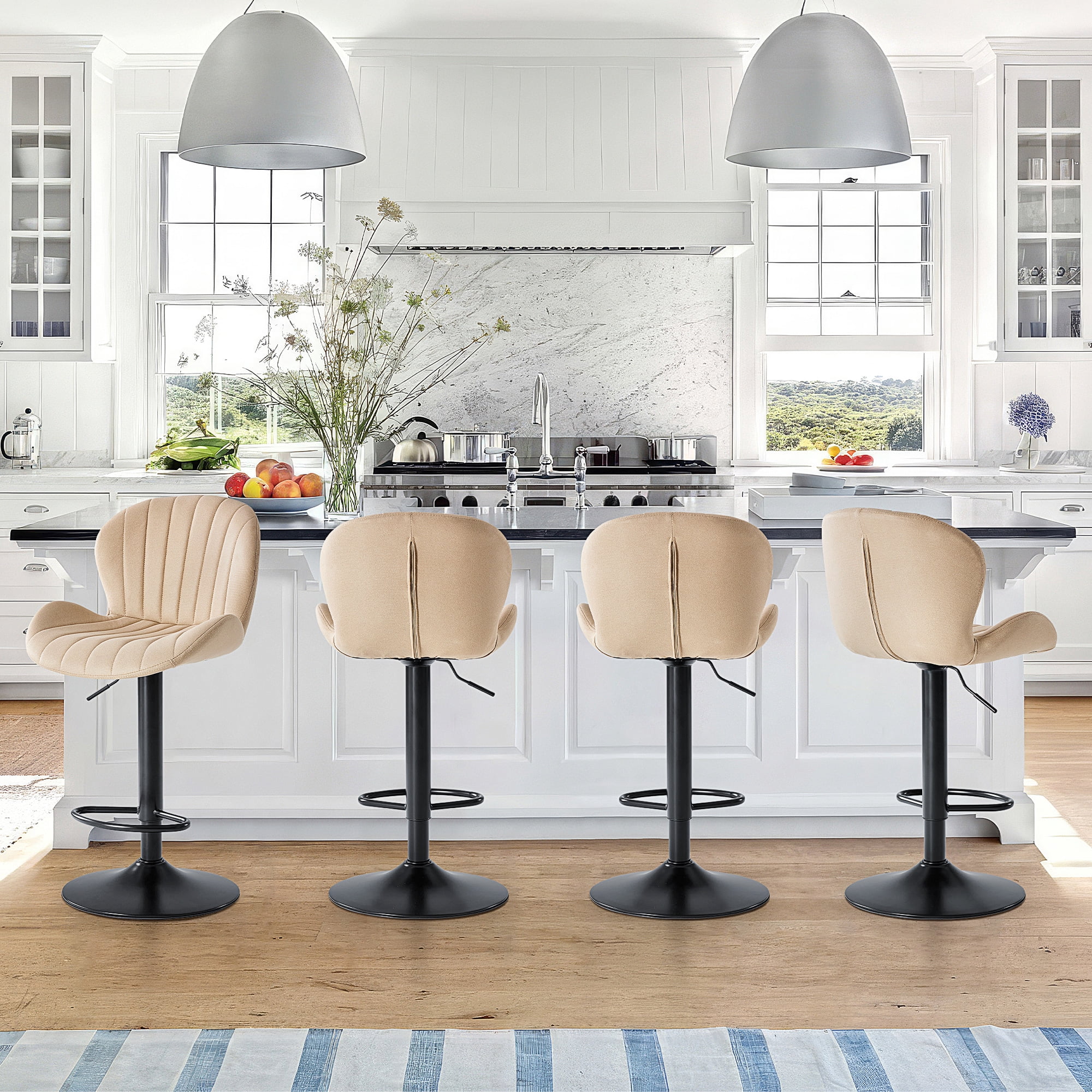 Swivel Bar Stools Set of 2 Adjustable Counter Stools Bar Chairs, Faux Leather High Back Barstools for Kitchen Island, Beige