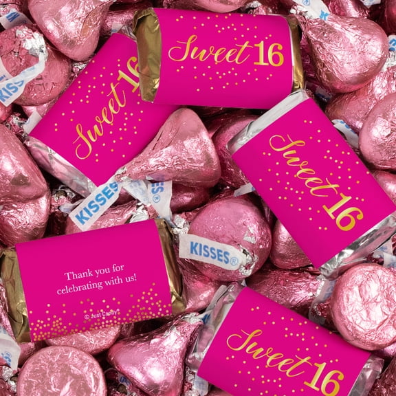 124ct Pink Sweet 16 Chocolate Candy Mix Assorted Wrapped Miniatures & Pink Foiled Kisses
