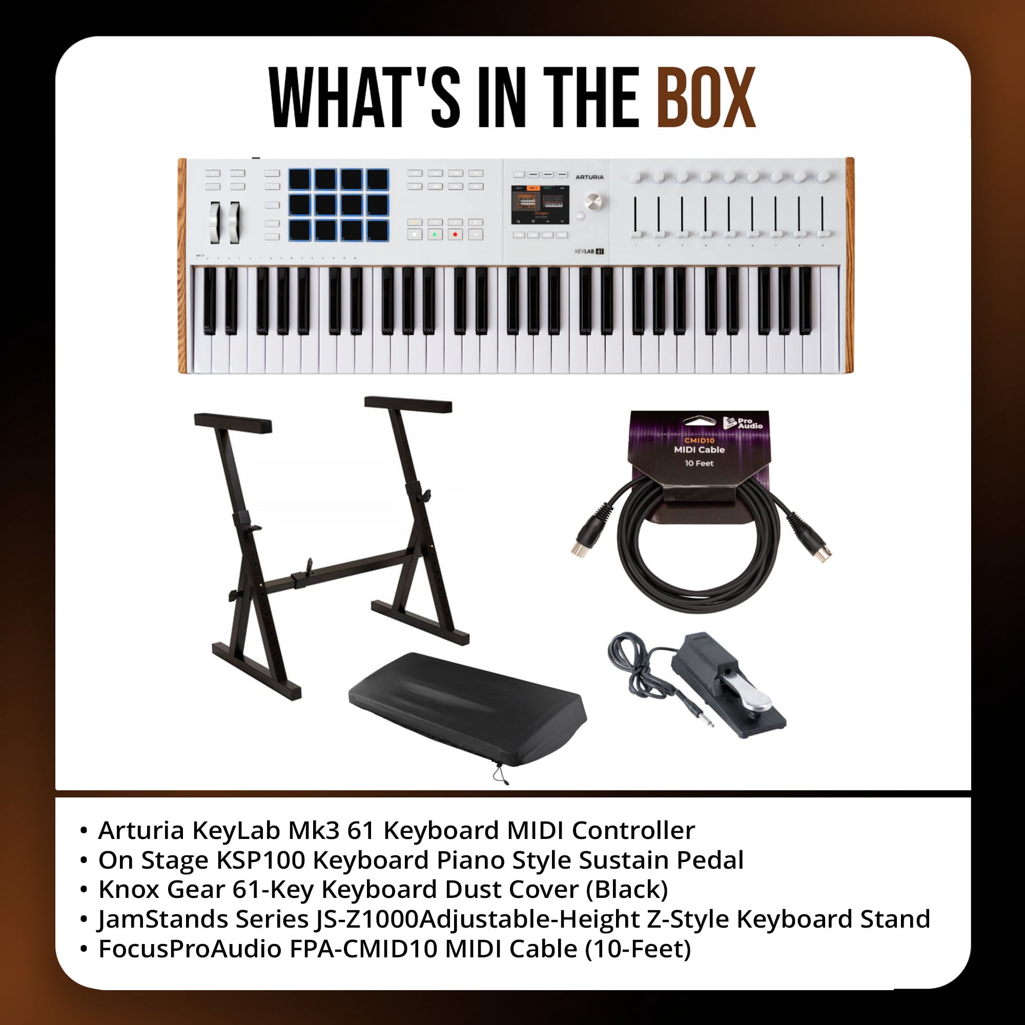 Arturia KeyLab Mk3 61 Keyboard MIDI Controller with DAW Integration and Enhanced Keybed (White) Bundle with Keyboard Piano Style Sustain Pedal, Keyboard Dust Cover, and 10 Feet MIDI Cable (4 Items)