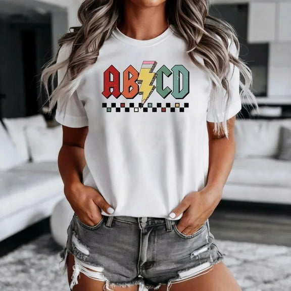 ABCD Teacher Shirt for Women | Casual Graphic Tee | Back to School Teacher Life Top (White, S Size)