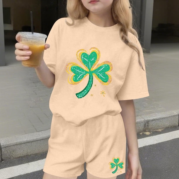 Conjuntos de blusas y camisas de cuello redondo y manga corta para niños Conjunto de dos piezas de blusas de cuello redondo y manga corta con estampado del Día de San Patricio para niños Niños poliést