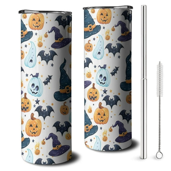 Vintage Halloween 20oz Skinny Tumbler - Spooky Ghost Pumpkin Illustration Insulated Travel Cup