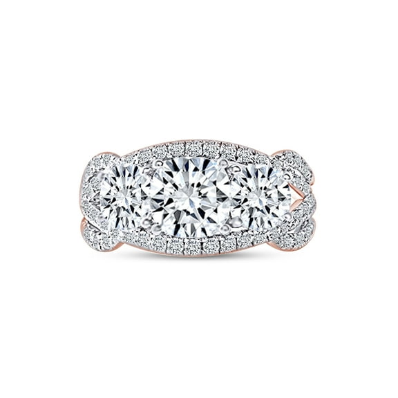 AFFY 3 4/5 Carat 14K Rose Gold Plated 925 Sterling Silver Center 6mm-7.5mm-6mm H-I Color Cushion Cut Moissanite Three Stone Engagement Rings with Accents Band Width 2.7mm Ring Size-4.5 (3.80 cttw)
