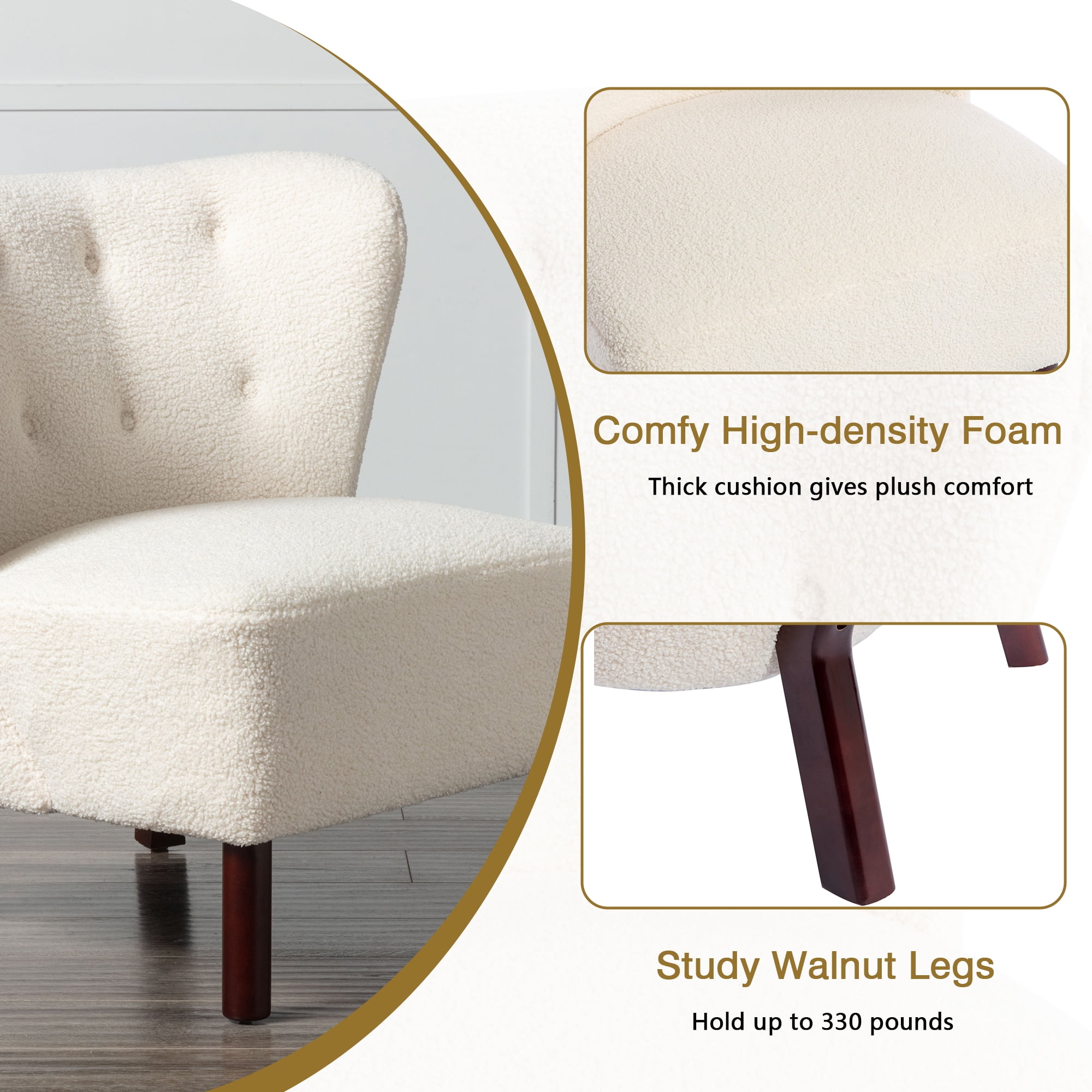 Miniyam Sherpa Boucle Accent Chair with Wooden Legs,Round Upholstered Armless Chair for Small Spaces,Reading Chair,White
