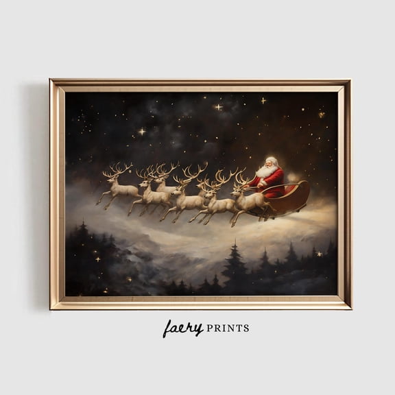 Santa Claus Sleigh Vintage Christmas Wall Art Print, Curated Seasonal Theme For Home And Gallery Wall Decor