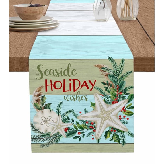 Christmas Starfish Ocean Table Runner 48 Inches, Coastal Tropical Plants Wood Bed Runner Dresser Scarves Tabletop for Indoor Outdoor Parties/Ceremony/Banquet, 13" x 48"