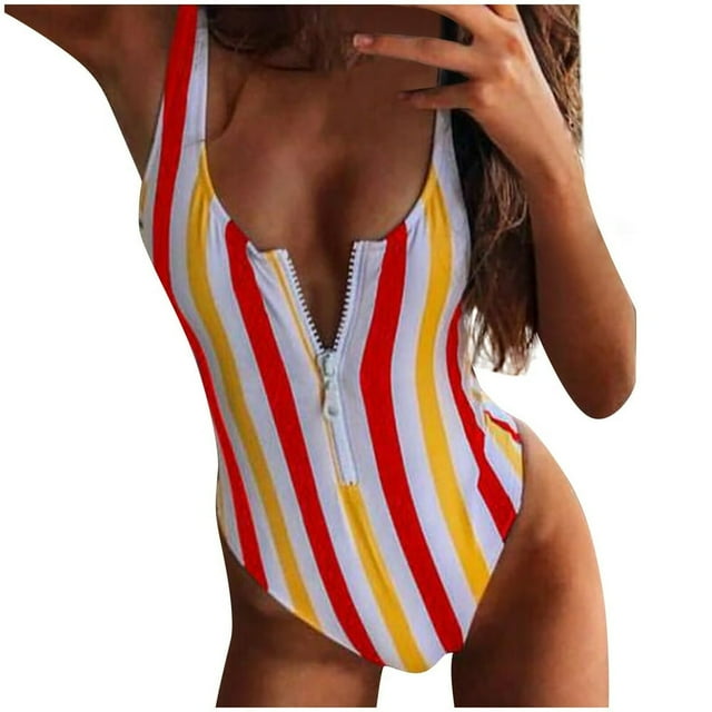 Maillot de Bain une-Pièce pour Femmes Élégant à Rayures Imprimées avec Fermeture Éclair