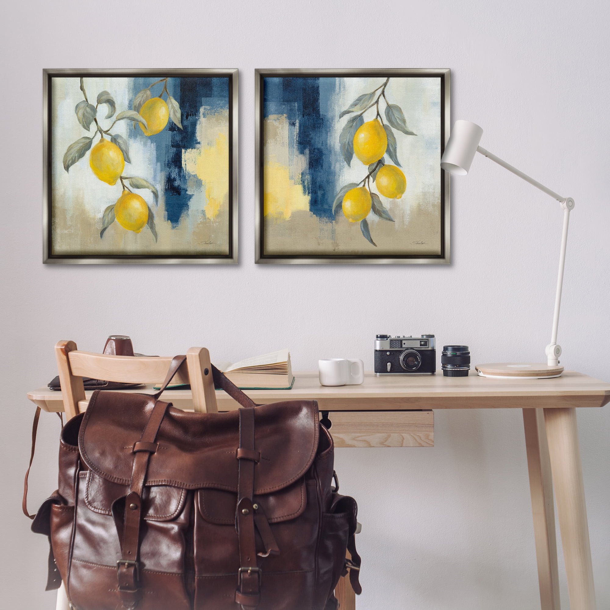 Stupell Industries Abstract Hanging Lemon Fruits Food & Beverage Painting Gray Floater Framed Canvas Art Print Wall Art, 25 x 25, Set of 2
