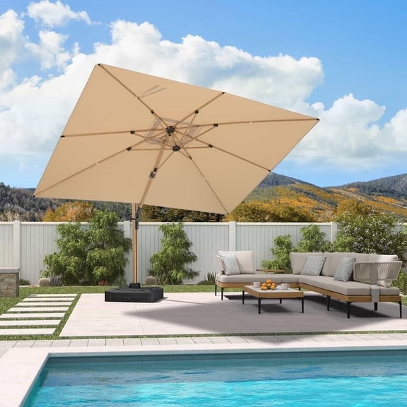 PURPLE LEAF 9' x 12' Rectangle Patio Cantilever Umbrella Large Hanging Umbrella Teak Finished Aluminum Frame Windproof Offset Outdoor Sun Umbrellas for Beach Pool Deck, Beige