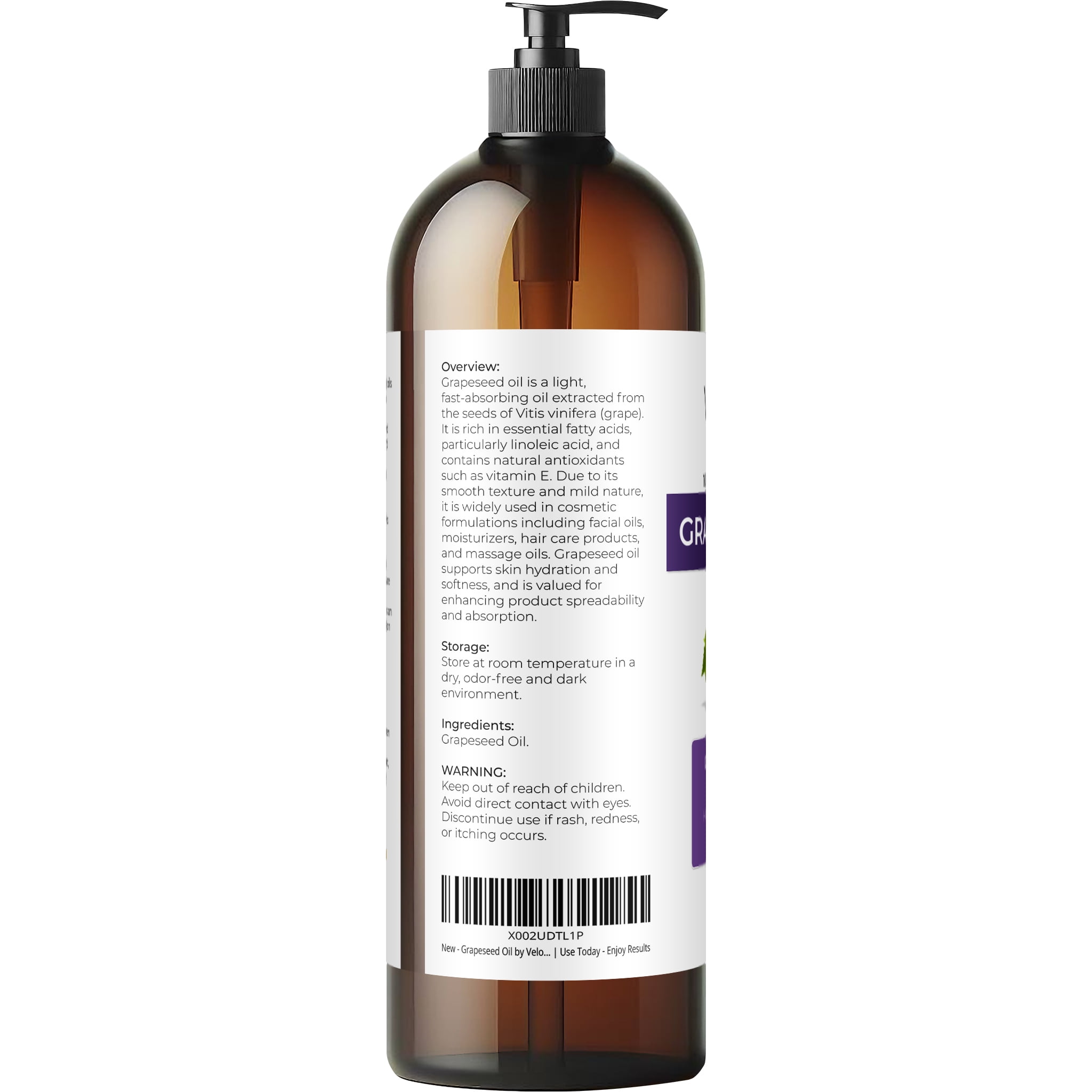 Grapeseed Oil by Velona - 32 fl oz | 100% Pure and Natural Carrier Oil | Refined | Skin, Face, Body, Hair Care | Use Today - Enjoy Results