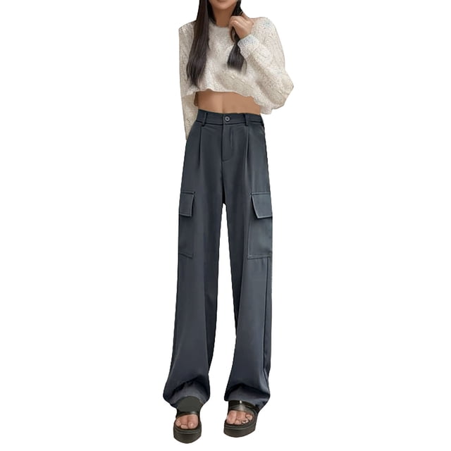 Gibobby Pantalones tipo cargo para mujer Pantalones de pierna ancha retro de color sólido para mujer Pantalones cargo de estilo simple de moda de cintura alta(Gris,CH)