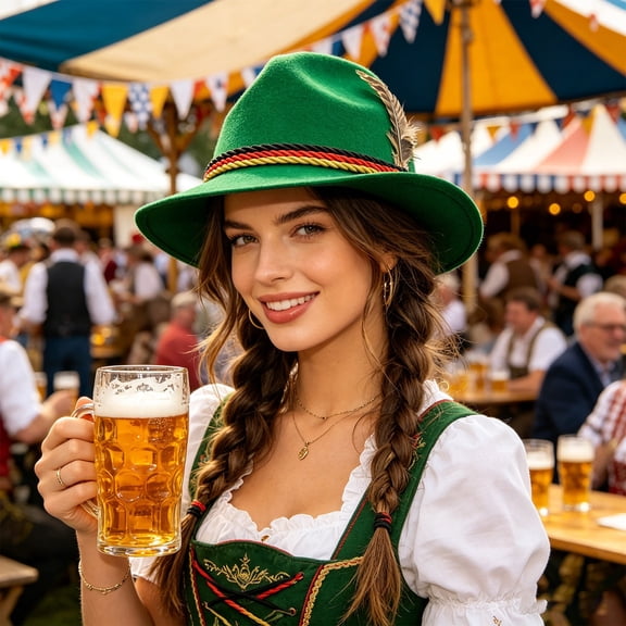 Fewfanhot Oktoberfest Bavarian Felt Fedora Hat, Wide Brim Festival Costume Hat with Plume & German Flag Rope Band