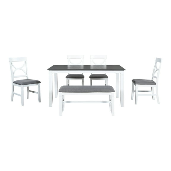 6 Piece Solid Wood Dining Room Set with Upholstered Bench and 4 Dining Chairs, Rustic Farmhouse Kitchen Table Set with Bench and 4 Chairs, 36” x 60” (Gray White)