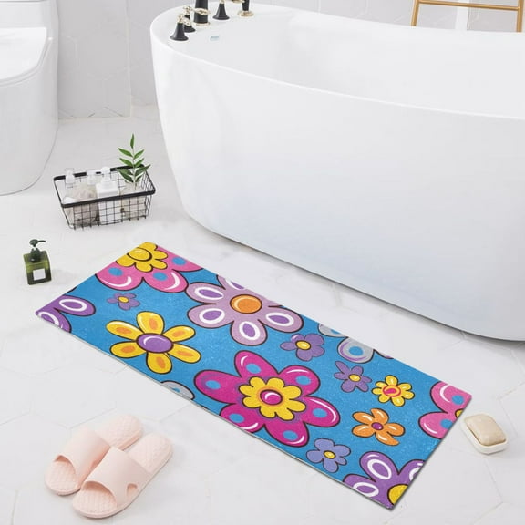 Bath Mat Soft Plush Non-Slip Absorbent Bathroom Rugs 39"x20" Retro Daisy Flower