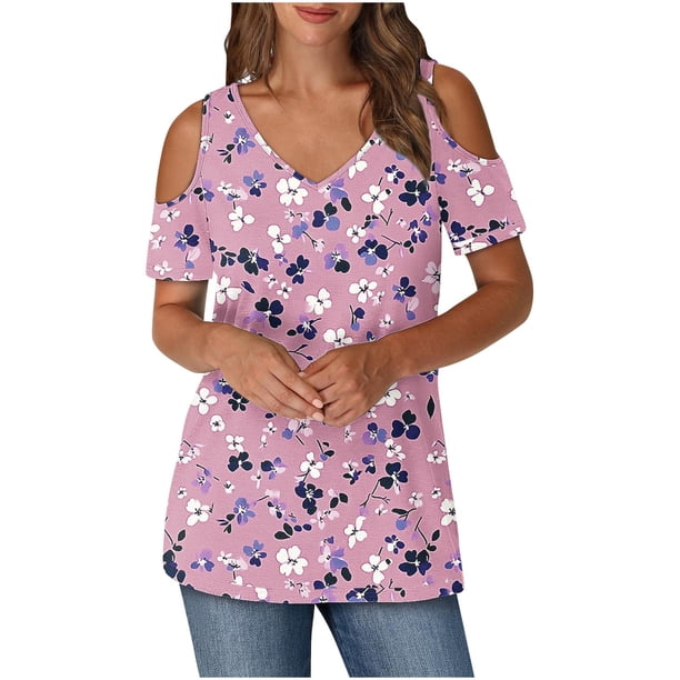 Tops de Algodón para las Mujeres Color Bloqueado Impreso Manga Corta Cuello en V Fuera Del Hombro, Top de Moda para Diario