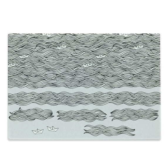 Vintage Boat Cutting Board, Wavy Sea with Little Paper Boats Memory Sketch Art, Decorative Tempered Glass Cutting and Serving Board, Large Size, Black White Pale Grey, by Ambesonne