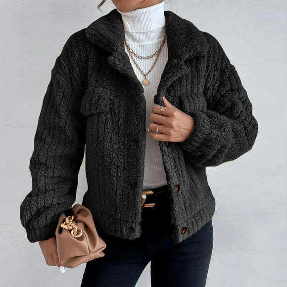 Aboser Womens Fuzzy Sherpa Jacket Coat Button Down Fleece Jackets Warm Long Sleeve Outerwear Trendy Lapel Cropped Coat Winter Thicken Jackets Black XXL