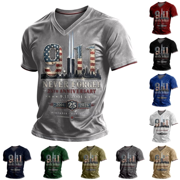 9/11 25th Anniversary Tee for Men Never Forget 911 American Flag Short Sleeve V Neck Patriotic Memorial Shirt
