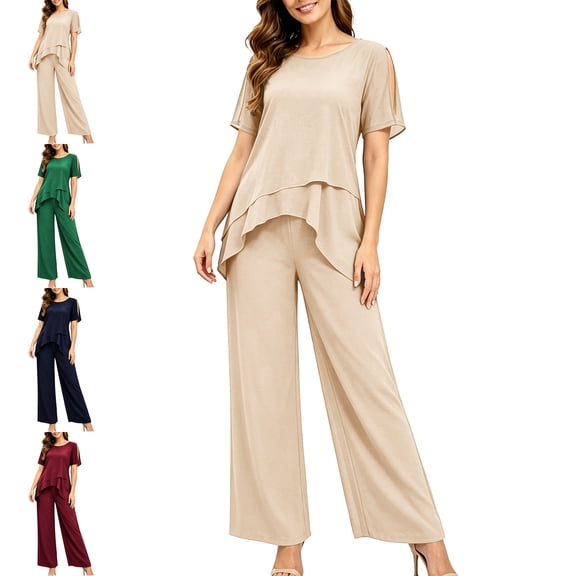MLCDZ Plus Size Mother of Bride Pant Suits 2 Piece Chiffon Sets Round Neck Short Sleeves Top and Flowy Baggy Pants Ruffle Layers Wedding Guest Outfit