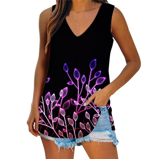 Gibobby Camiseta sin mangas con cuello en V y estampado de flores degradadas para mujer(Morado,CH)